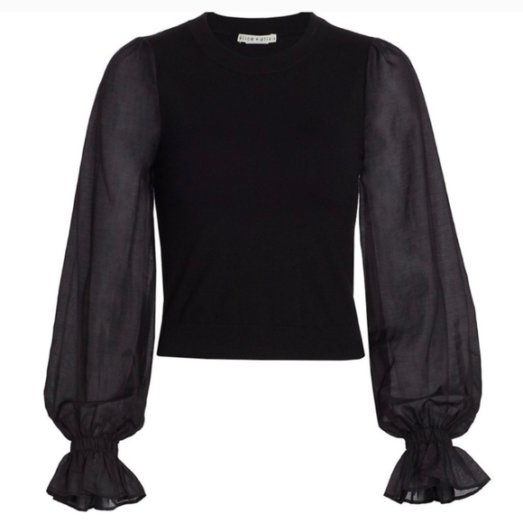 Alice + Olivia Black Wool Silk Fitted Kirie Poet Sleeve Knit Sweater Top Evening - Picture 1 of 11